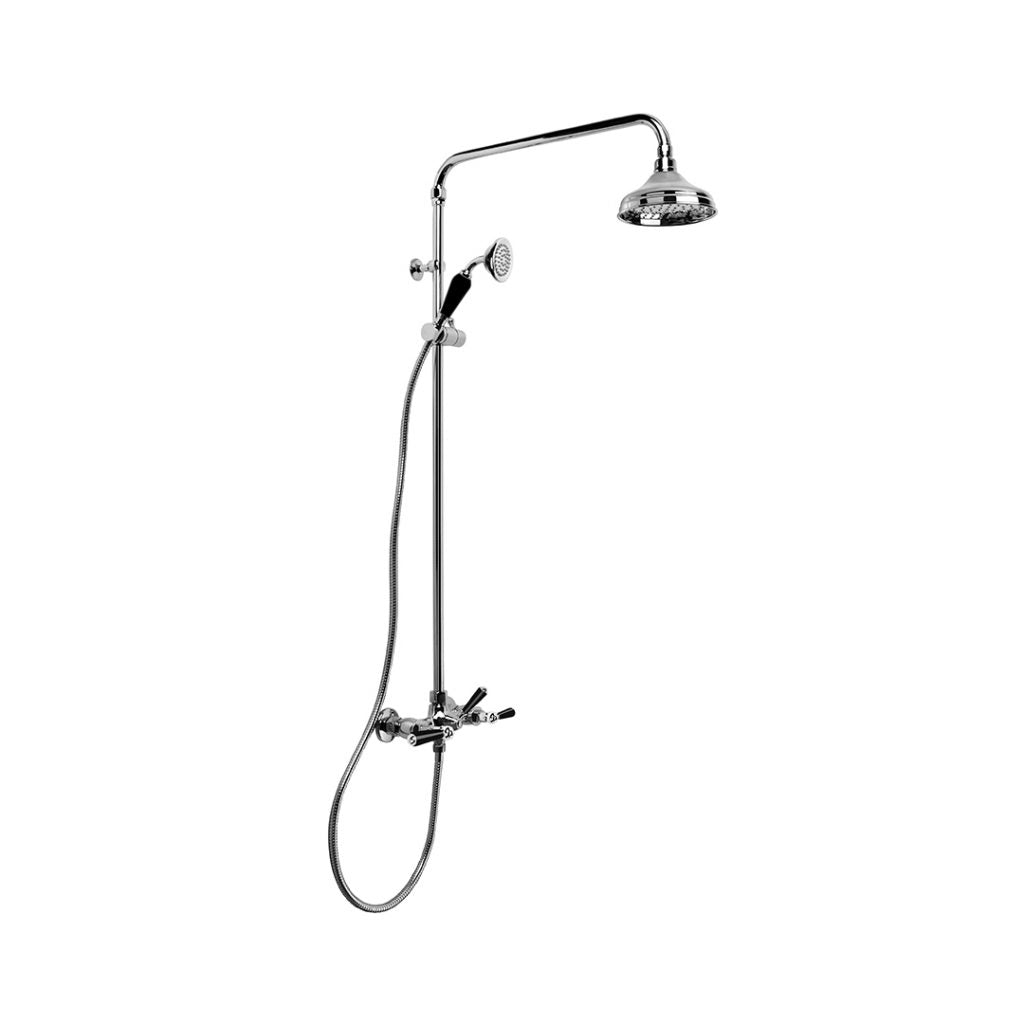 Neu England Exposed Shower Set with 150mm Rose, Rail Shower and Diverter (Chrome) Black Porcelain Levers