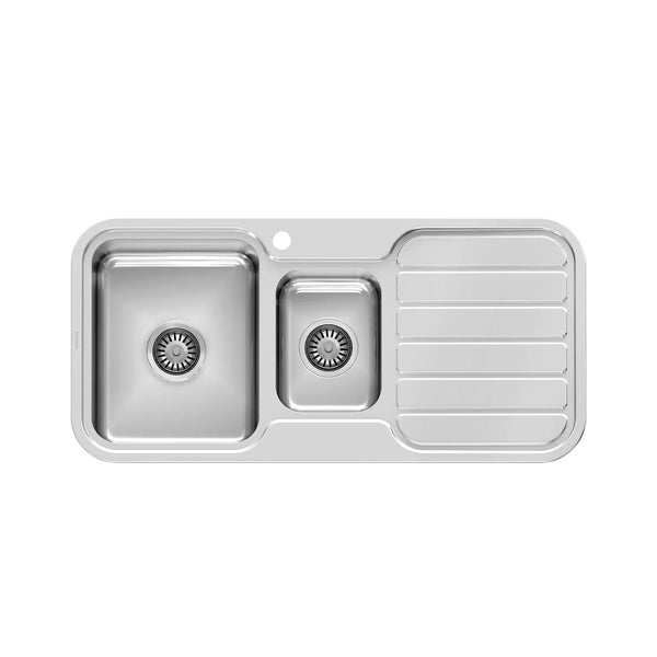 Phoenix Tapware | 1000 Series 1 and 1/3 Left Hand Bowl Sink with Drainer and Taphole (Polished Stainless Steel)