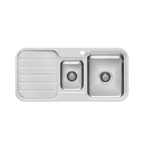 Phoenix Tapware | 1000 Series 1 and 1/3 Right Hand Bowl Sink with Drainer and Taphole (Polished Stainless Steel)