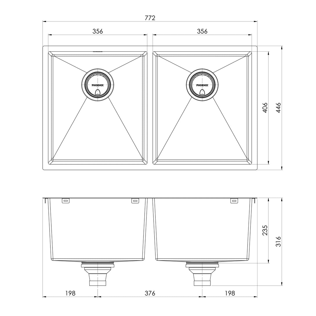 4000 Cwc Drawing Phoenix Tapware | 4000 Series Double Bowl Sink (Stainless Steel ...