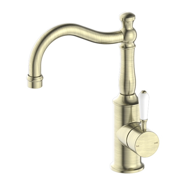 York Basin Mixer with Hook Spout (Aged Brass) with White lever