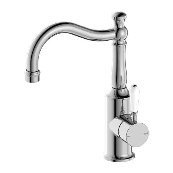 York Basin Mixer with Hook Spout (Chrome) with White Lever by Nero Tapware