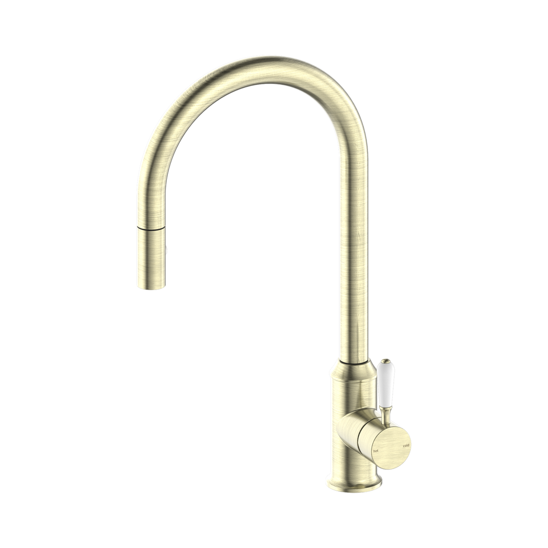 York Kitchen Sink Mixer with Pullout Veggie Spray (Aged Brass) with White Porcelain Lever