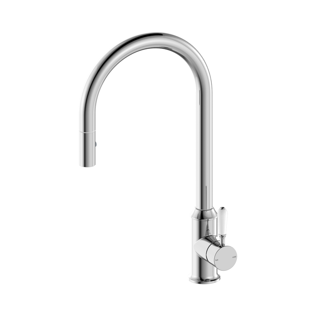 York Kitchen Sink Mixer with Pullout Veggie Spray (Chrome) with White Porcelain Lever