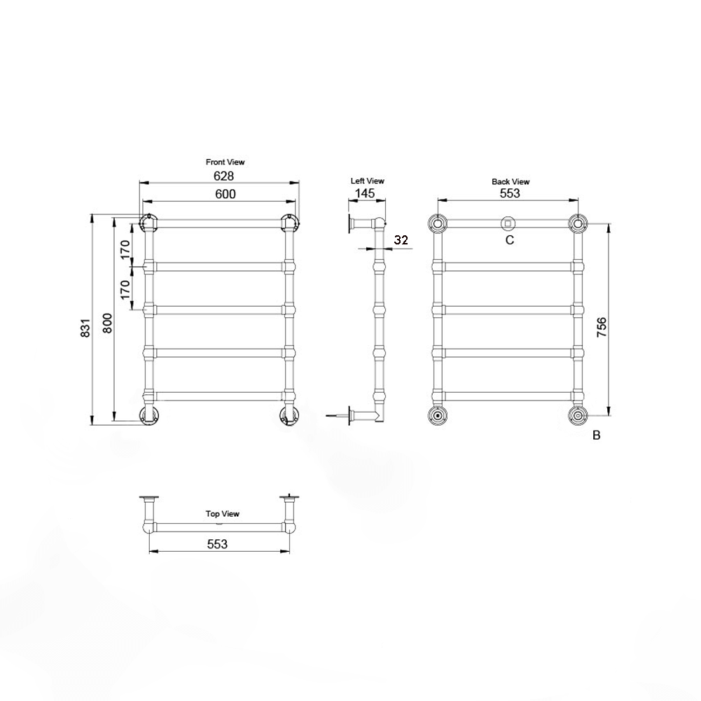 Mayer Heated Towel Rail Specification Line Drawing