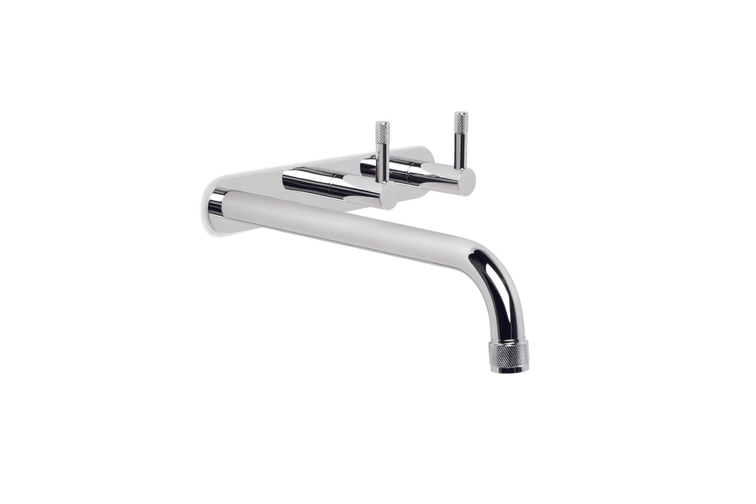 Yokato Wall Basin Set with 200mm Spout, Backplate and Installation Kit (Knurled Levers) (Chrome) (Flow Control)