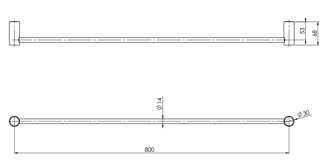Vivid Slimline Single Towel Rail 800mm (Matte Black) (Line Drawing)