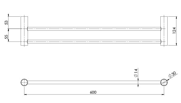 Vivid Slimline Double Towel Rail 600mm (Matte Black) (Line Drawing)