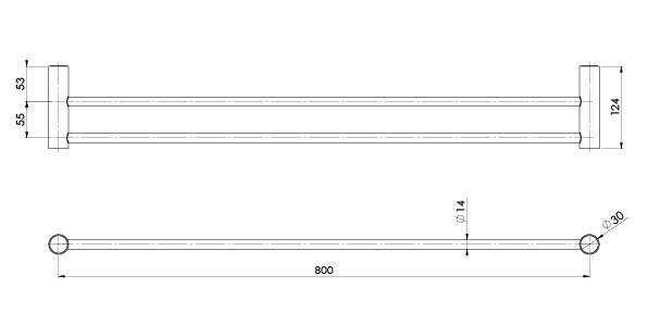 Vivid Slimline Double Towel Rail 800mm (Matte Black) (Line Drawing)