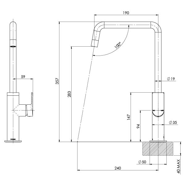 Phoenix Mekko Sink Mixer 190mm Squareline (Line Drawing)