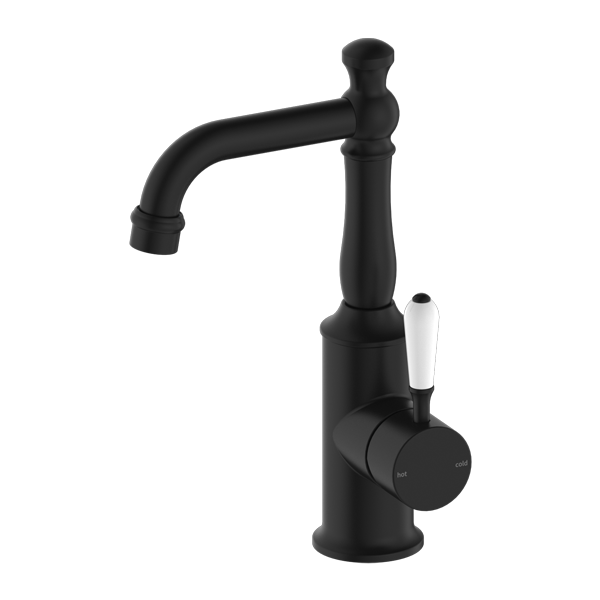 York Basin Mixer with Standard Spout (Matte Black) by Nero Tapware with white handle