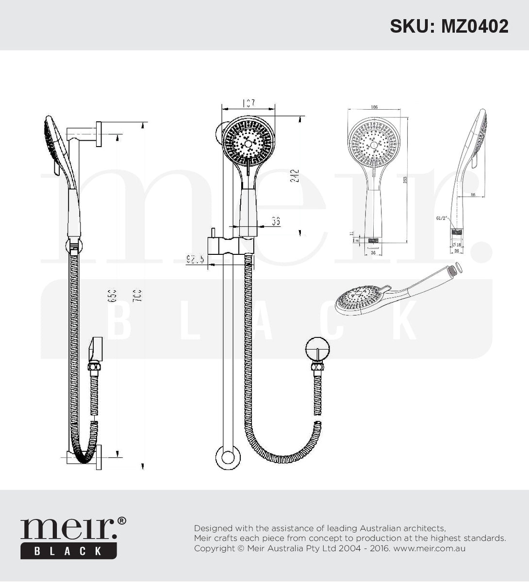 Meir Round Shower Column with Portable Hand Shower Line Drawing