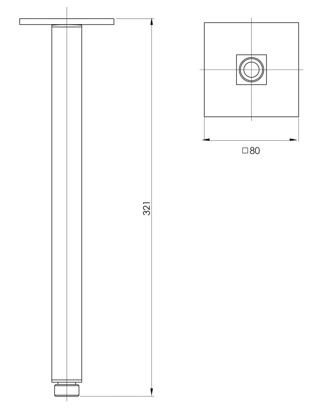 Lexi Ceiling Arm Only 300mm (Square) (Brushed Nickel) (Line Drawing)